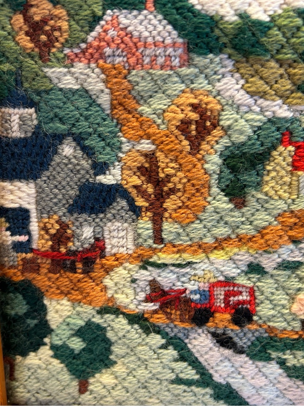 Vintage Handcrafted Hooked Rug Wall Art - Countryside Scene. Teak wood frame - Picture 6 of 12